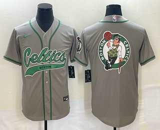 Mens Boston Celtics Gray Team Big Logo With Patch Stitched Baseball Jersey->boston celtics->NBA Jersey